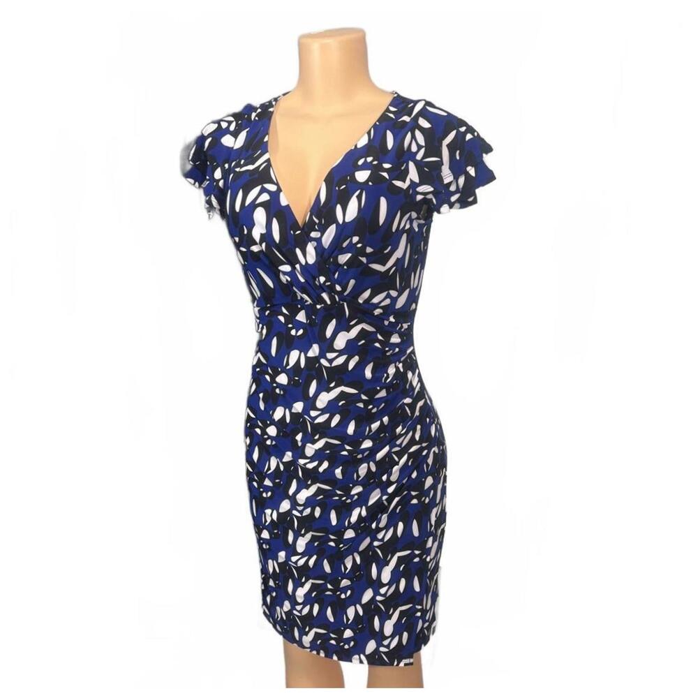 Kasper Blue and White Patterned Women's Midi Dress with Ruffle Sleeves